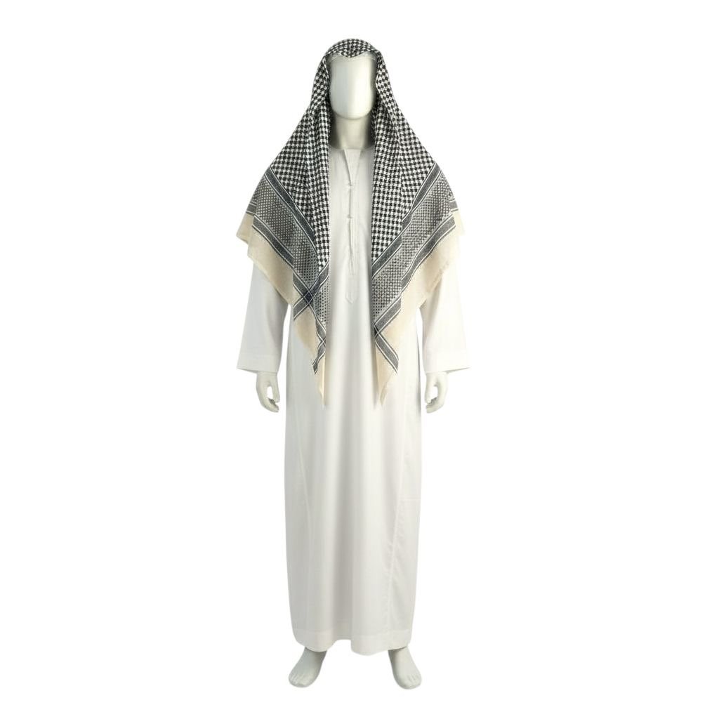 Classic White Thobe with Checkered Keffiyeh Set